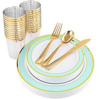 NERVURE 25 Guest Gold Plastic Plates with Gold Silverware,Disposable Cups-Include 25 Dinner Plates, 25 Dessert Plates, 25 Forks, 25 Knives, 25 Spoons & 10 oz Plastic Cups (Mint)