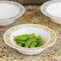 Tableclothsfactory 50 Pcs - White with Gold Lace Trimmed 6oz Round Disposable Plastic Bowl - Lace Design