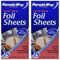 Reynolds Wrap Aluminum Foil Pre-Cut Pop-Up Sheets (Bonus Turkey Oven Bag) Baking Oven Leftovers Cover No Cutting Or Tearing, 25 Sheets 14in. x 101/4in. Pack of 2 (50 Sheets Total)