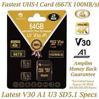 2-Pack 64GB Micro SD Card Plus Adapter Pack - Amplim 2X MicroSD SDXC Card 100MB/s V30 A1 U3 C10 UHS-I 4K Video MicroSDXC Memory Card Nintendo GoPro Camera Galaxy LG Moto Canon Nikon DJI Fire Dashcam