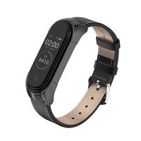 MIJOBS Compatible Xiaomi Mi Band 4, Genuine Leather Replacement Strap Breathable Wristband with Metal Frame Bracelet Accessories for Xiaomi Mi Band 3 Smart Watch Bracelet Wristband (Black)