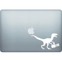 Velociraptor with Mini Gun 5 Inch White Decal for Macbooks or Laptops - Proudly Made in The USA from Adhesive Vinyl