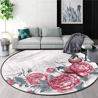 RUGSMAT Romantic Modern Machine Washable Round Bath Mat,Chickadee Birds and Roses Coffee Table Mat Non-Skid Living Room Carpet Round-71