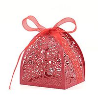 KPOSIYA Pack of 100 Laser Cut Rose Candy Boxes, Favor Boxes 2.5"x 2.5"x 3.1", Gift Boxes Bridal Shower Anniverary Birthday Party Wedding Favor (100,Red)