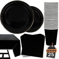 101 Piece Jet Black Party Supplies Set Including Plates, Cups, Napkins and Tablecloth, Serves 25