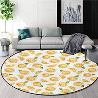 RUGSMAT Orange Round Area Rug,Watercolor Slices of Orange Fruit with Green Leaves Fresh Ripe Juicy Food Design Non-Slip Fabric Round Rugs for Bedroom,Round-71 Inch Orange Green White