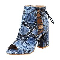 Cenglings Women Peep Toe Snakeskin Print Rome Shoes Breathable Hollow Out Strappy Sandals Lace Up Shoes Plus Size Dress Booties(Blue,40)