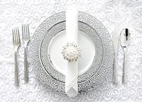 Royalty Settings Inspiration Collection Elegant White with Silver Plastic Plates for Wedding, Silver Lace Plastic Plates Set of 40, 10 inch Disposable Plastic Plates