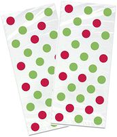 Holiday Clear Cellophane Treat Bags With Red And Green Polka Dot, Party Favor Bags, Goodie Bags holiday party, 60 Count.