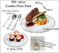 500 Pieces Plastic China Plate Silverware Combo for 100 people WHITE with Silver Bands