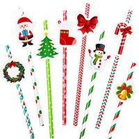 Aneco 48 Sets Christmas Themed Drinking Paper Straws Santa Snowman Christmas Tree Stockings Pattern Decorative Drinking Straws for Xmas Party Supplies