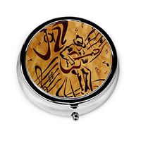 Pill Box Jazz Abstract Original Coffee Painting Round Pill Case Daily Metal Silver Medicine Tablet Holder Organizer Carry Cases for Purse Pocket Travel Vitamin,Small 2 inch,3 Compartment