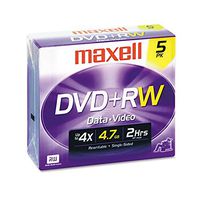 Maxell DVD+RW Discs, 4.7GB, 4X, w/Jewel Cases, Silver, 5/Pack