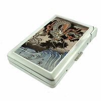 Cigarette Case with Built in Lighter Vintage Japanese Dragon Art S5 Smoking King Size Cigarettes Silver Metal Wallet 4" X 2.75" RFID Protection