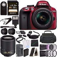 Nikon D3300 DSLR Camera 18-55mm AF-P DX Lens (Red) + Nikon AF-S DX NIKKOR 55-200mm f/4-5.6G ED VR II Lens + Battery + Charger + Sony 32GB UHS-I SDHC Memory Card (Class 10) + Remote + Flash Bundle