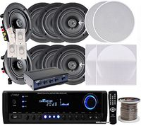 Pyle KTHSP690 4 Pairs of 200W 6.5" In-Wall / In-Ceiling Stereo White Speakers w/ 300W Digital Home Stereo Receiver w/ USB/SD/AUX Input, Remote w/ 4 Channel High Power Stereo Speaker Selector, 4 Volume Controls & 250 ft. Wire