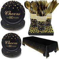 Pandecor 80th Birthday Party Supplies -Serves 20-142 PCS Disposable Tableware Set,Includes Table Cover,Dinner Plates,Dessert Plates,Cups,Napkins,Forks,Knives and Spoons for 80 Years Anniversary Party