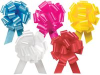 Pack Of 50, 5.5" Solid Everyday Assortment (White, Beauty Pink, Daffodil, Red & Light Blue) 100% Polypropylene Flora Satin Gift Pull Bows 20 Loops for gift baskets & gift packaging