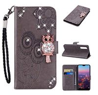 Strap Diamond Wallet Case for Huawei P30,Aoucase Luxury 3D Owl Bling Gems Magnetic Cute Mandala Print PU Leather Soft TPU Stand Flip Case with Black Dual-use Pen - Gray