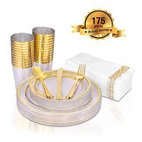 Gold Disposable Dinnerware - Gold & clear 25 Guest, 175 Pack Of Heavy-Duty Plastic Party - 25 Dinner Plates 10.25", 25 Dessert Plates 7.5", 25 Cups, 25 Napkins, 25 Forks, 25 Spoons, 25 Knives, by Fete