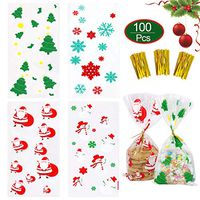 100 Pack Christmas Cellophane Treat Bags with Yellow Ribbons for Gift Bags, Christmas Cookie Candy Bags, Xmas Goody Bags, Holiday Goodie Bags Christmas Party Favors