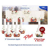 Clean-n-Fresh Scented Oil 5 Refills + 1 Free Bonus 120ml 4oz, Fits Glade & Air Wick Warmer (NO Warmer Included) (5 Cinnamon Apple + 1 Wood Sage & Sea Salt)