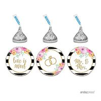 Andaz Press Floral Gold Glitter Print Wedding Collection, Chocolate Drop Label Stickers Trio, 216-Pack, Fits Hershey's Kisses Party Favors