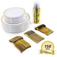 150 Pieces Disposable Plastic Plates Compostable Premium Bamboo Plates with Gold Rim For Party Wedding Birthdays 25 Dinner Plates 10.25"| 25 Salad Plates 7.5"|25 Knives| 25 Forks|25 Spoons|25 Cups