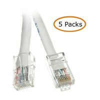 ACL 1 Feet Cat5e RJ45 Bootless Ethernet Patch Cable, White, 5 Pack