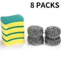 Stainless Steel Scouring Pad Set, 4 Stainless Steel Scourers with 4 Cleaning Sponges, for Dish Washing, Kitchen Cleaning, Cooking Utensil, Cookers, Tableware, Kitchenware, Household Ware (8 Packs)