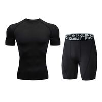 Lefthigh Men's Fitness Sweat Breathable Fast Drying Elastic Short Sleeve Shorts Sports Casual Tight Set Black