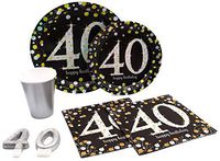 40th Birthday Pack! Disposable Paper Plates, Napkins, Cups & Candles Set for 15 (With free extras)