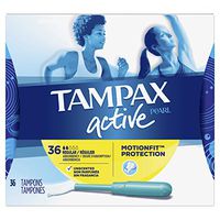 Tampax Pearl Active Plastic, Regular Absorbency, Unscented Tampons, 36 Count