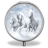 White Horse Pill Case, Round Stainless Drug Organizer Container Medicine Cover for Pocket Daily&Weekly