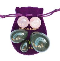 3-pcs Nephrite Jade Eggs Set, and 2-pcs Rose Quartz Ben Wa Balls Bundle, with One Box Unwaxed String, Instructions & Certificates, for Training PC-muscles, Yoni Massage and Healing, Polar Jade