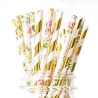 Twigs & Twirls Paper Straws Floral and Gold Paper Straws 50 Pack, Floral Party Supplies Decorations for Baby Shower, Birthday Straws, Floral Bridal Shower Decor (Floral Metallic Gold)