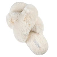 HALLUCI Women's Cross Band Soft Plush Fleece House Indoor or Outdoor Slippers (5-6, Beige)