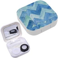 Portable Contact Lens Case Box Travel Kit Mirror + Bottle + Tweezers Container Holder [ Geometric Watercolor Chevron Blue ]