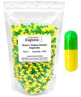 Capsules Express- Size 1 Clear Green and Yellow Empty Gelatin Capsules 1000 Count - Kosher and Halal Certified - Gluten-Free Pure Bovine Gelatin Pill Capsule - DIY Powder Filling