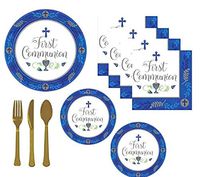 First Communion Party Supplies Blue Boy Theme With Gold Accents Serves 18 Guests And Includes Extra Large Dinner or Luncheon Plates, Dessert Plates, Napkins And Premium Quality Cutlery