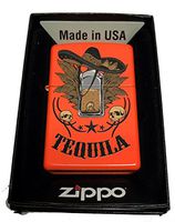 Zippo Custom Lighter - Tequila Bottle with Sombrero - Regular Neon Orange