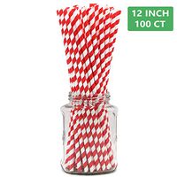 12 Inch Extra Long Large Paper Drinking Straws Red Stripe, 8mm Wide, for Big Tumblers, 40oz Cups, Tall Smoothies - 100 Count, 100% Biodegradable and Compostable