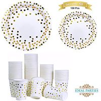 Gold Dot Disposable Paper Plates with Cups Set 150 PCS - Elegant paper Cups, Dinner and Dessert Plates for Bridal Shower, Baby Shower, Wedding, Anniversary, Birthday Any Party supplies for 50 Guest!!