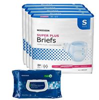 McKesson Super Plus Disposable Incontinence Briefs with Tabs, Unisex, Moderate Absorbency, Small, Waist Size 20" - 32", 96 Count Bundled with 1 Pack of 100 McKesson Wipes