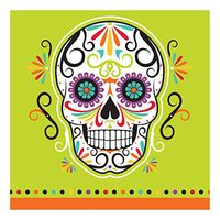 Club Pack of 192 Skelebration Lime Green Day of the Dead Skull 2-Ply Beverage Napkins 5"