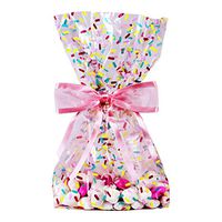 Saybrook Products Donut Sprinkles Cellophane Treat/Party Favor Bags with Hot Pink Twist-Tie Organza Bow. Set of 10 Gussetted 11x5x3 Goodie Bags with Bows. Multi-Color