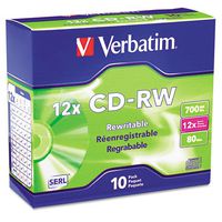 Verbatim CD-RW Discs 700MB/80min 12x With Slim Jewel Cases Silver 10/Pack High-Speed Reusable