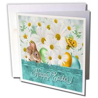 3dRose White Daisies with a Bunny and Colored Easter Eggs in Spring Blues and Greens Greeting Cards, 6 x 6 Inches, Set of 6 (gc_127619_1)