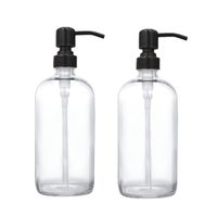 2 Pack Thick Clear Glass Boston Round Bottles/Oil Rubbed Bronze Stainless Steel Pumps, 16 Ounce Jar Soap Dispenser with Rustproof Pump for Essential Oil, Liquid Soap