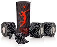 FlexU Black Kinesiology Tape; Super Saver 3 Roll Pack; 60 Pre-Cut 10 Inch Strips; Hypoallergenic Longer Lasting Pro Grade; Therapeutic Recovery Synthetic Athletic Wrap Tape